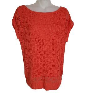 Evan Picone Womens Top Medium Crochet Orange Lined Knit Short Cap Sleeve Sweater